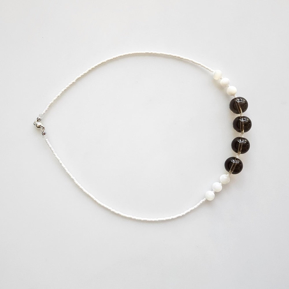 beaded necklace, white necklace, short necklace, brown necklace, glass necklace